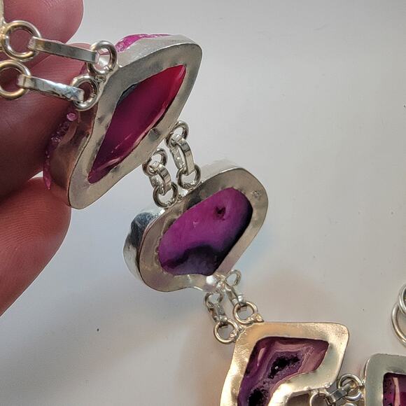 Gemstone Bracelets Sterling Silver Raw Pink Agate Slice Bracelet Adjustable Fit - Picture 10 of 10